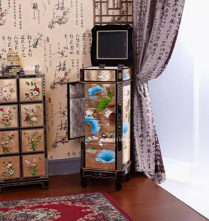 New Chinese style Chinese wind gold foil hand painted furniture Seven bucket cabinets Jewelry Cabinet Jewelry Cabinet Gold Leaf Lotus Flowers