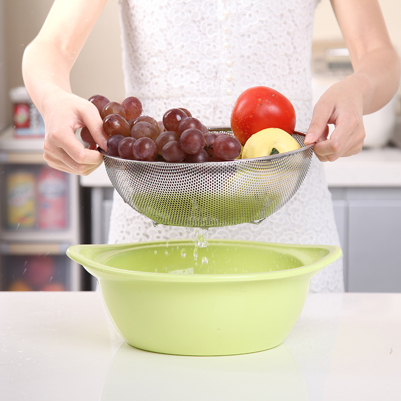 日本不锈钢洗菜盆两件套 圆形漏盆洗米洗菜淘米篮沥水盆加厚果盆