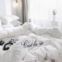 Minimalist full cotton double layer gauze Four pieces Embroidery Pure Color Nordic Wind Soft Pure Cotton Quilt Cover Bed bedding