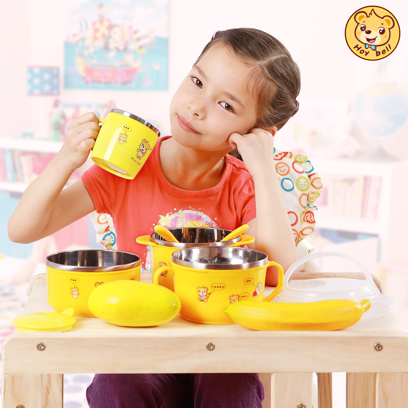 超值婴幼儿不锈钢保温碗儿童防摔吸盘碗注水保温碗餐具套装包邮