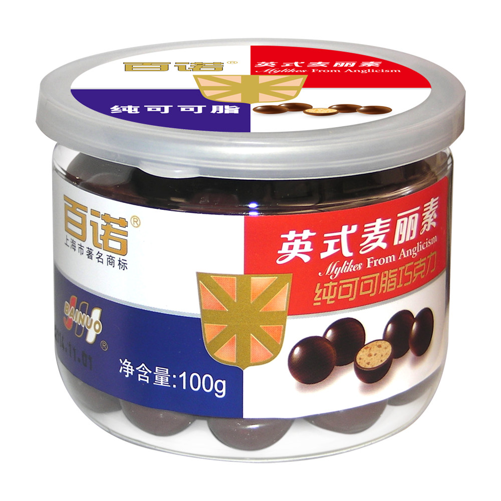 【天猫超市】百诺巧克力麦丽素纯可可脂100g不含反式脂肪酸零食