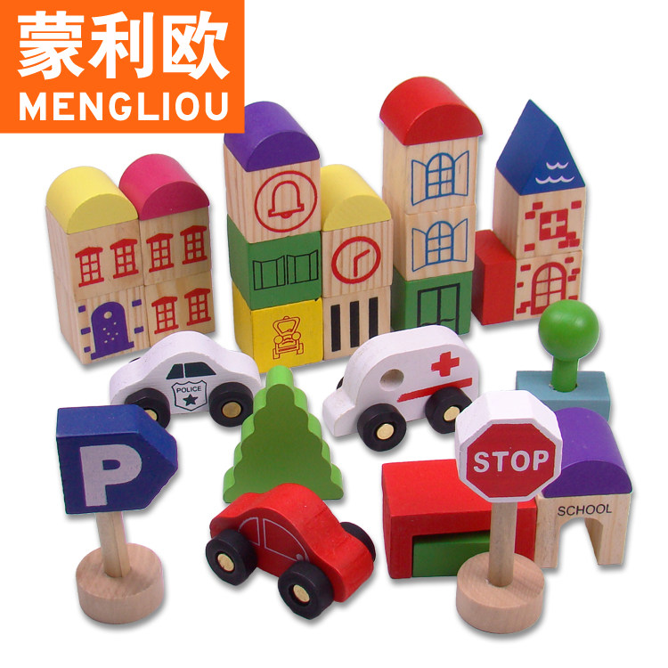 Preschool education solid wood 32 mini town building block wooden one year old baby Enlightenment educational toy children gift