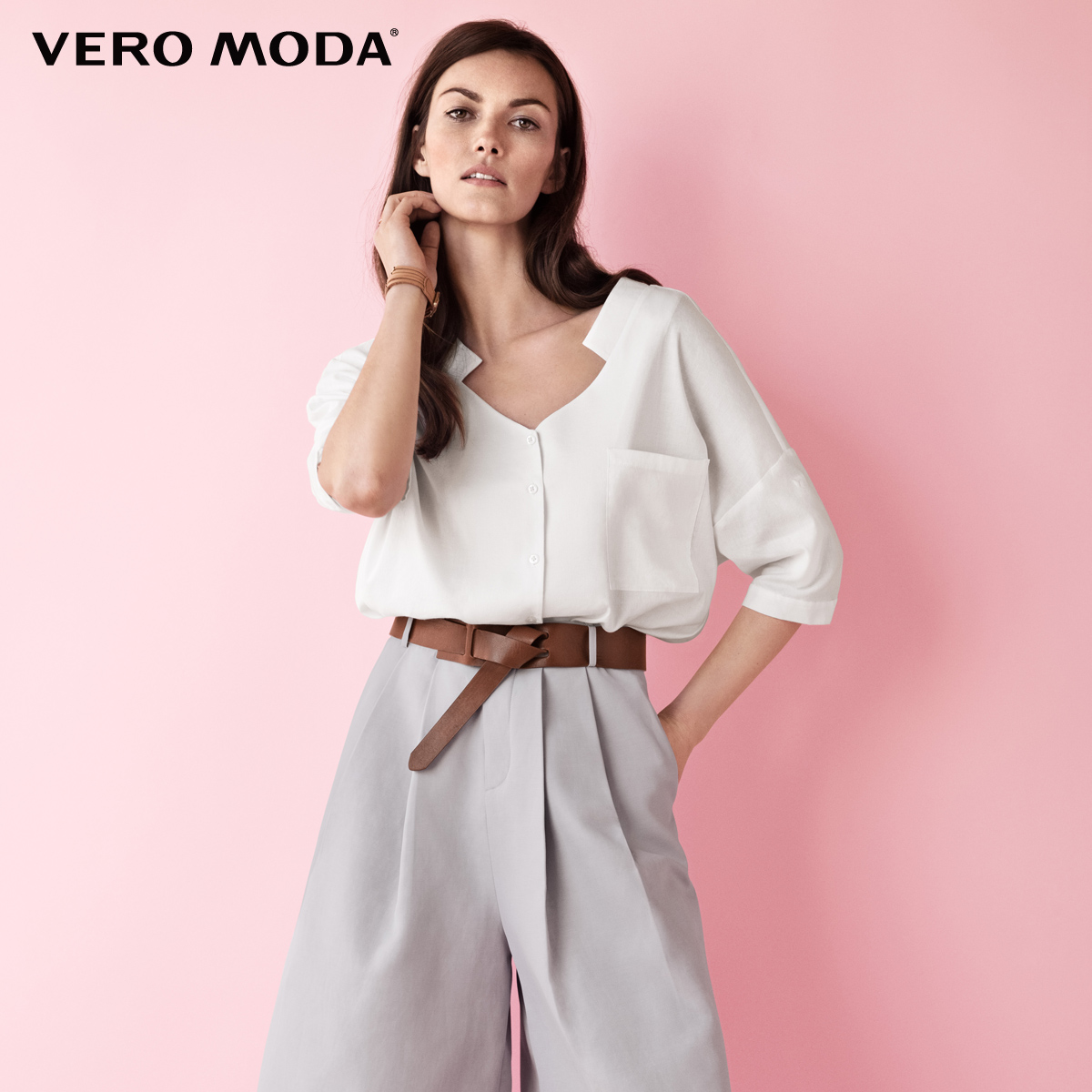 Vero ModaV领条纹落肩两穿短袖短款衬衫|31626W004