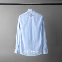 Summer Bee embroidery striped shirt mens casual handsome trend Long-sleeved slim business blue shirt men