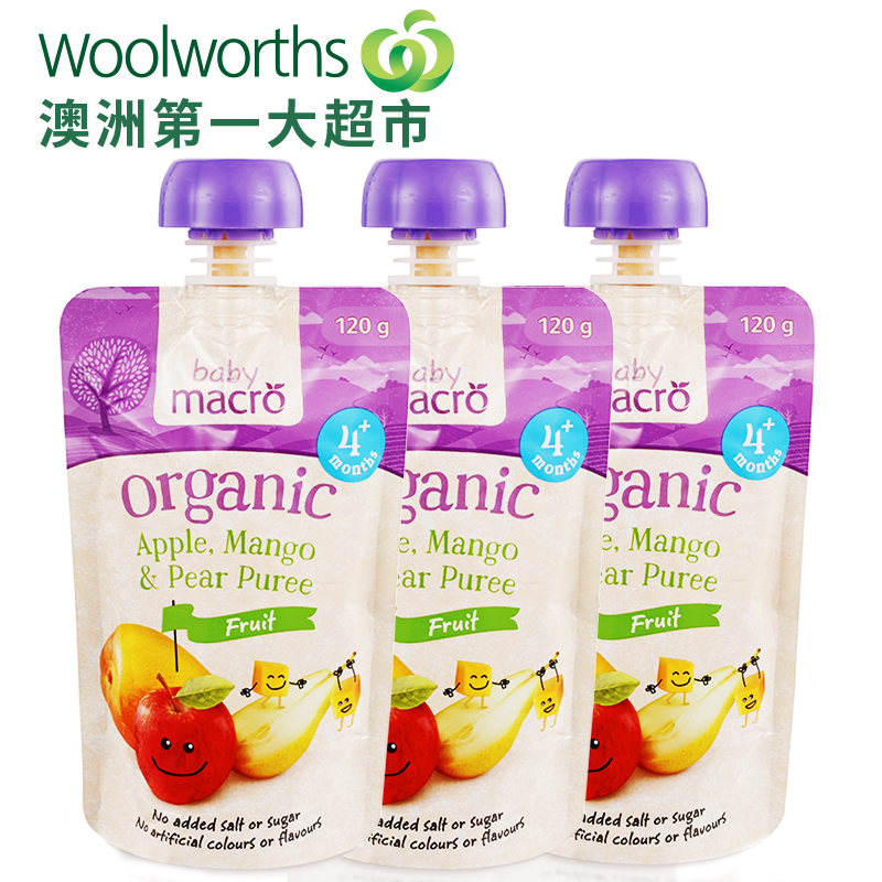 woolworths 澳洲直邮 Macro 苹果芒果梨子混合水果泥120克*3件装