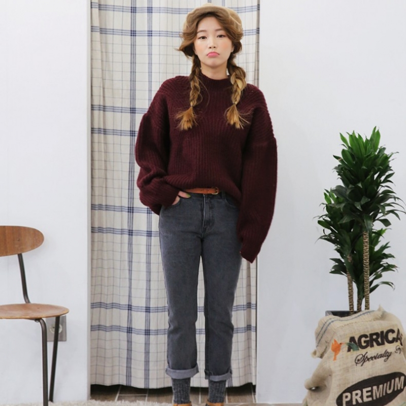 韩国stylenanda官方正品 性感纯色打孔落肩针织衫-酒红色