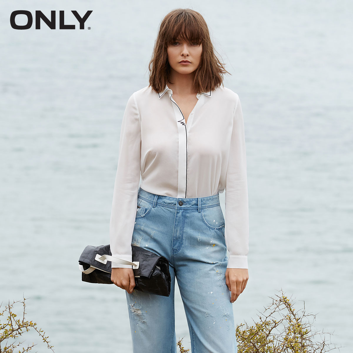 ONLY2016夏装新品桑蚕丝宽松暗扣弧形摆长袖衬衫女E|116205502