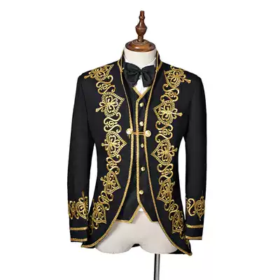 Suit men's dress court suit men's suit photo studio costume opera European court dress black gilt embroidery