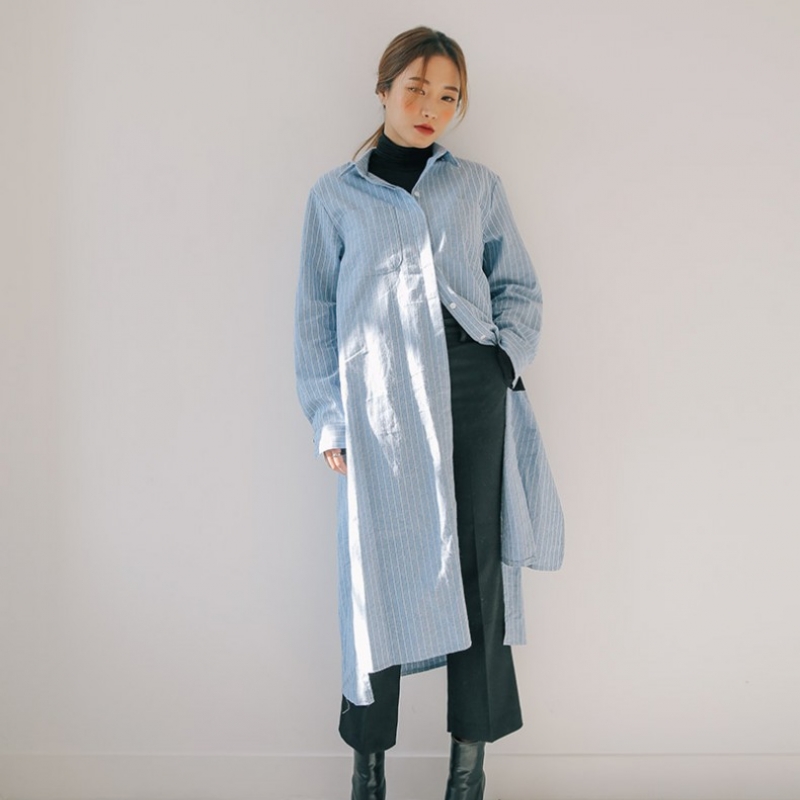 韩国stylenanda官方正品 时尚配色条纹不规则开衩版衬衫-蓝色条纹