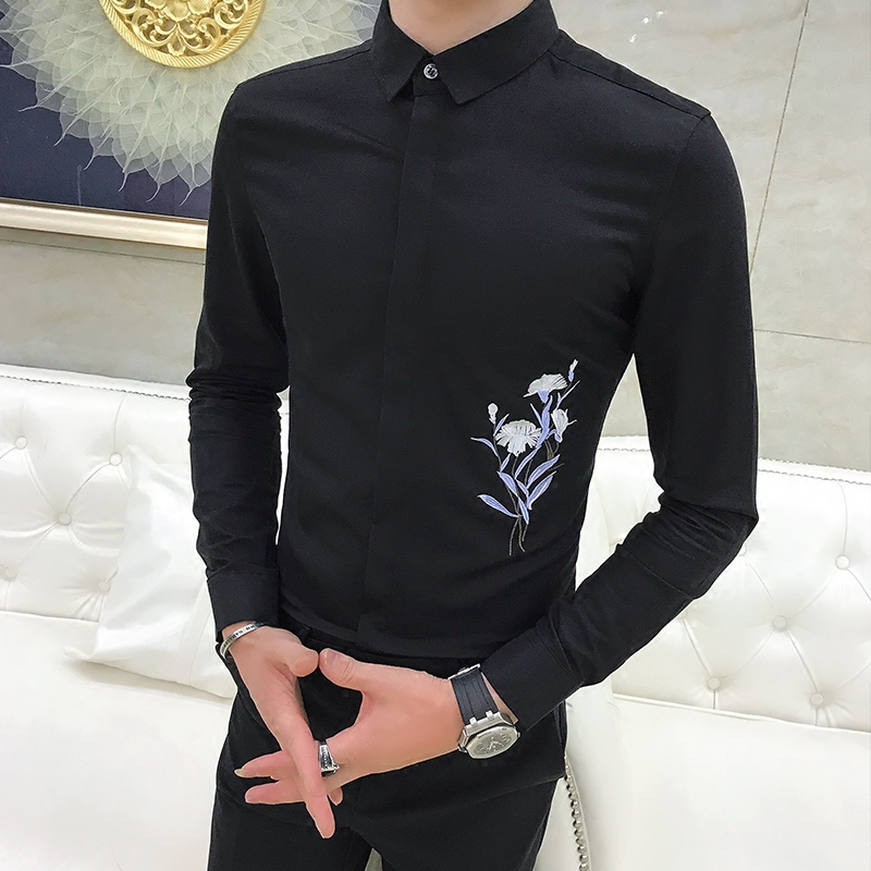 秋季新款男士长袖衬衫韩版修身气质纯色寸衫时尚花刺绣休闲衬衣潮