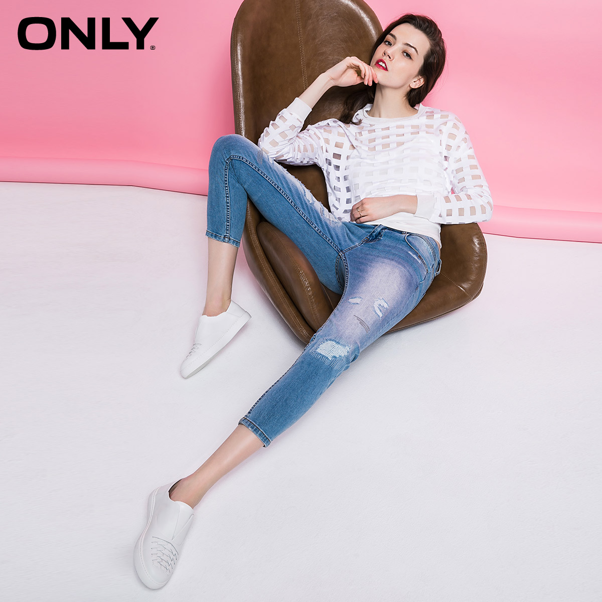 ONLY2016春装新品含莱卡磨破做旧低腰牛仔裤女T|116149046