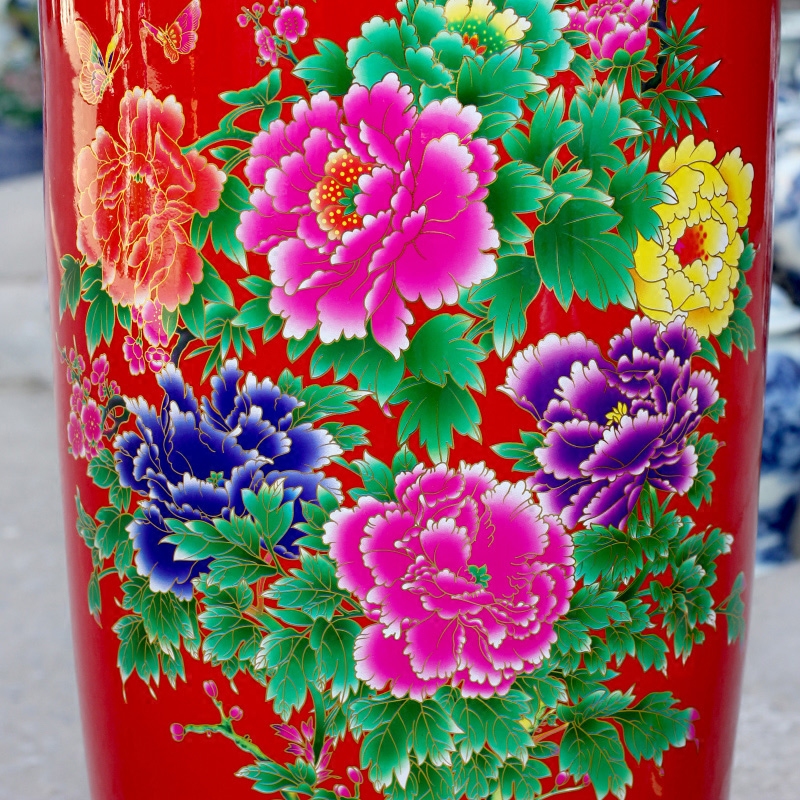 Jingdezhen ceramics China red color big vase peony hotel home sitting room ground adornment large - sized furnishing articles