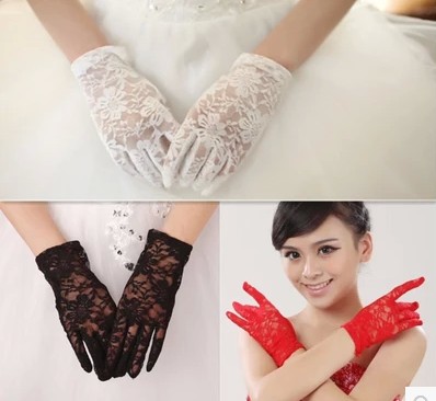 Performance short lace bride gloves wedding all finger wedding dress gloves mesh dress accessories White Red Black