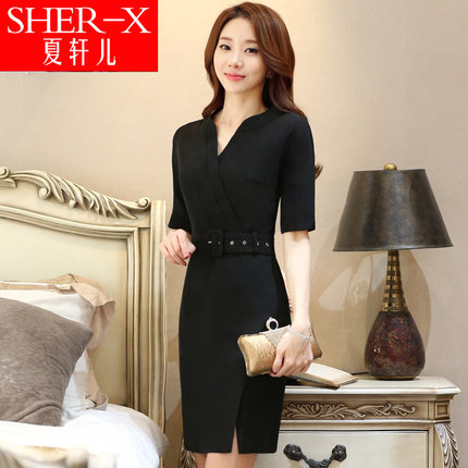 2018夏季新款职业女装包臀中腰连衣裙中袖显