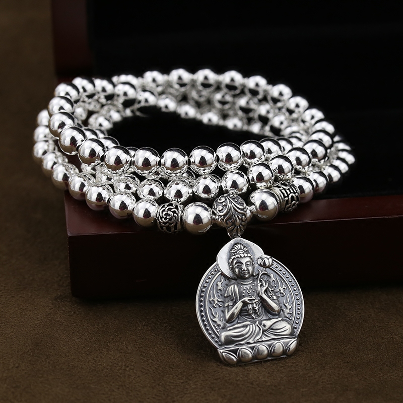 999 pure silver handmade man's life Buddha patron saint 108 Buddha beads foot silver round pearl ornament female hand string 12 zodiac