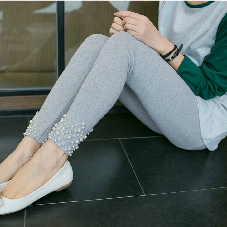 Xuân 2018 phong cách mới không thể mặc quần legging cotton màu xám nữ chín điểm phiên bản Hàn Quốc là quần hạt cườm mỏng - Khởi động cắt