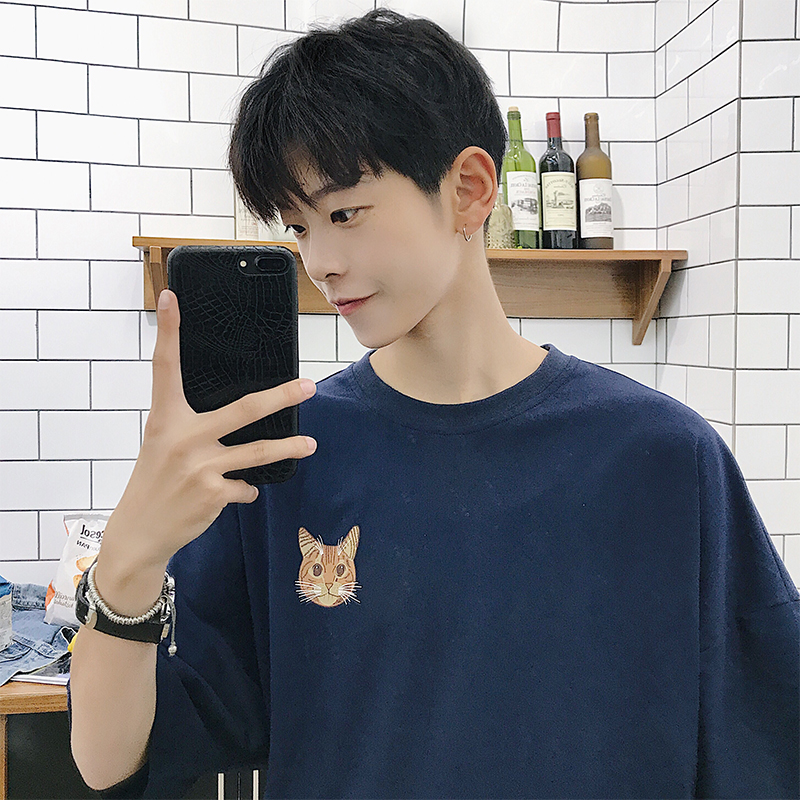 旋律风车夏季新款宽松小猫印花短袖T恤青少年圆领掉肩半袖潮男tee
