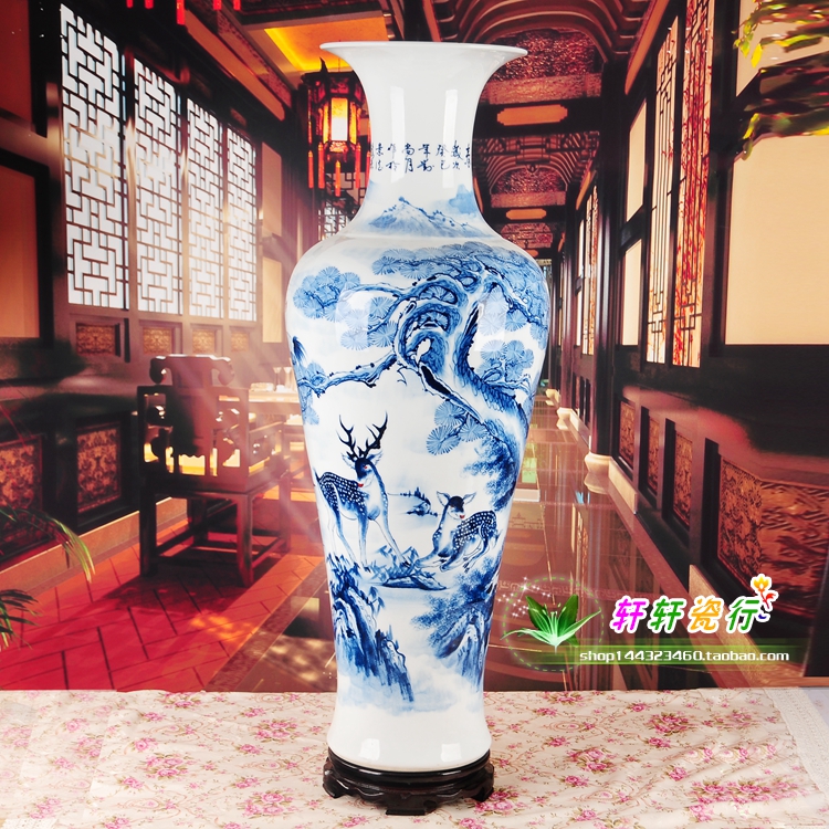 Jingdezhen pottery vase Crane deer Tongchun living room floor 1m-14m hand-painted blue and white porcelain home decoration
