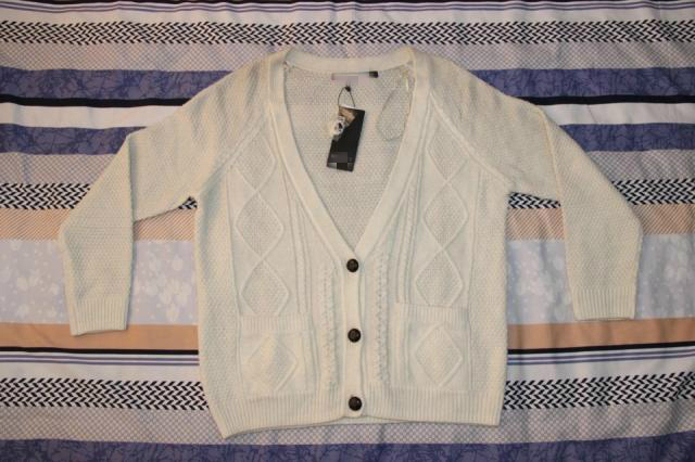 Mecit Genuine Off-White Wool Argyle V-Neck British Style Pocket Earth Button Cardigan Sweater 517835