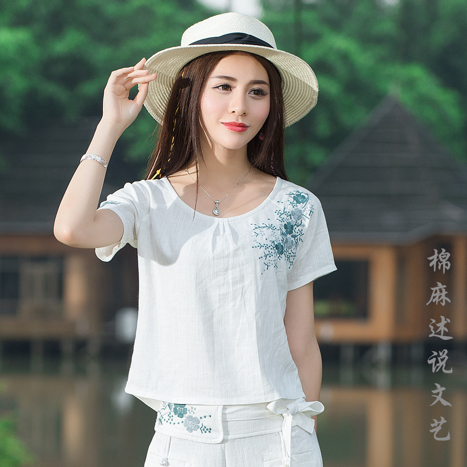 2017夏新款女装文艺民族风 绣花短袖圆领短款小件文艺衫t恤