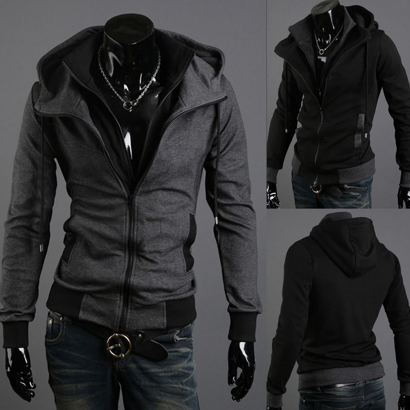 Double zipper personality fake two-piece student hooded jacket slim fit thin men's brushed sweater jacket hit color trend