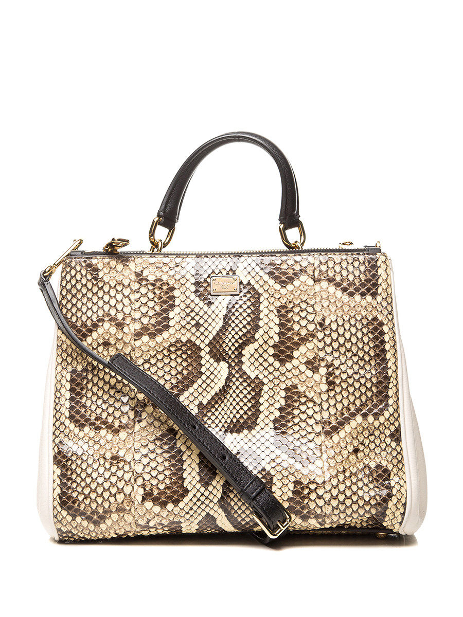 Dolce&Gabbana 米褐色蛇纹拼接金属铭牌方形手提包