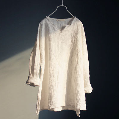 New 2020 spring collection: Cotton and linen top for women, loose and artistic style, solid color, simple, mid-length, long-sleeved pullover shirt