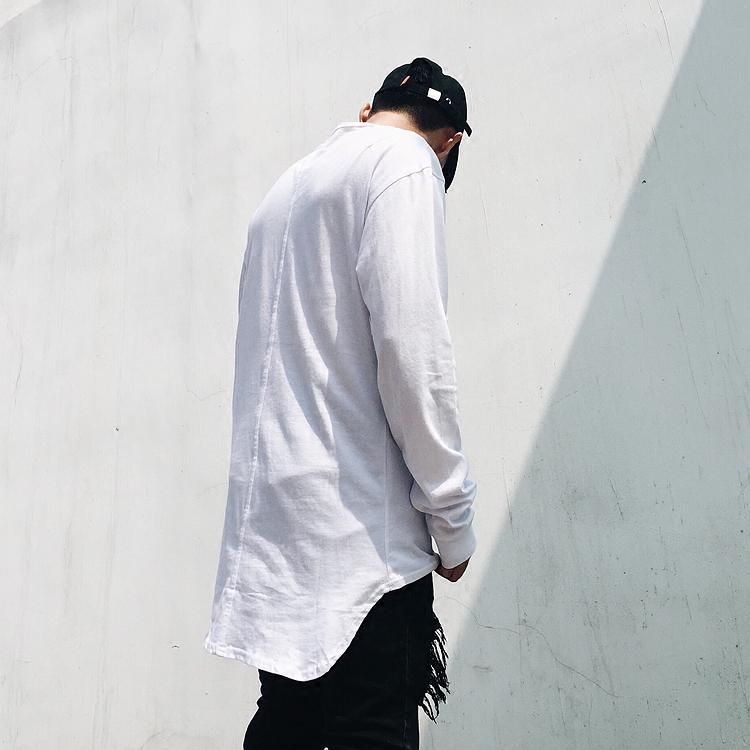 欧美高街竹节纯棉前短后长打底衫纯色百搭男女潮休闲长袖T恤KANYE