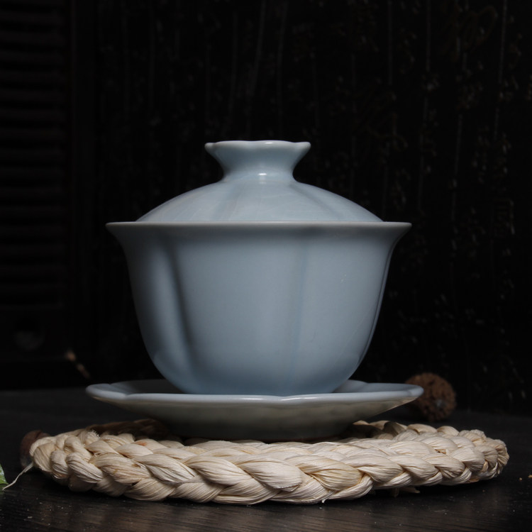 Defied Ru Kiln Tea Set Fine Cover Bowl Ru Porcelain Kung Fu Tritalent Brief Retro Wind Green Porcelain Ceramic Venerable Tea Bowl