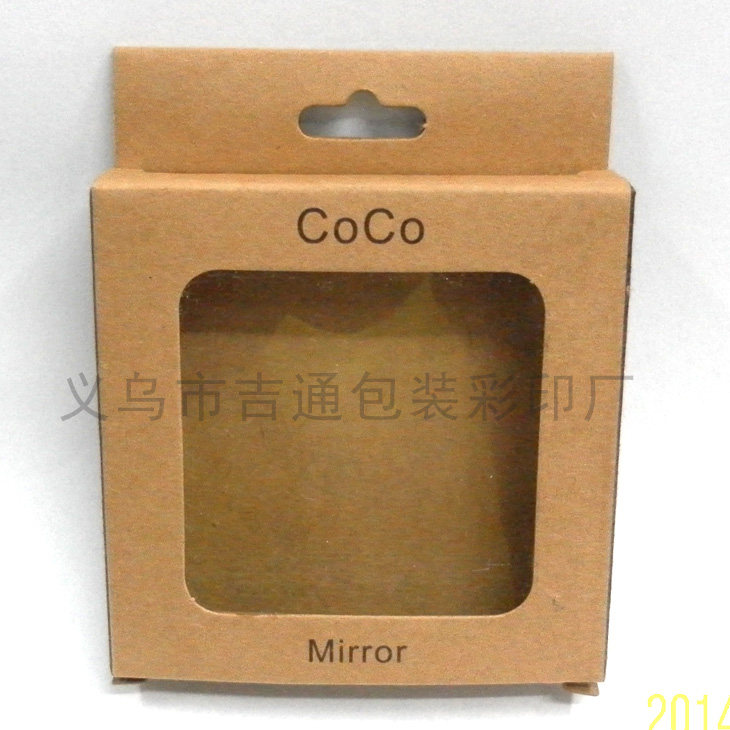Customized PVC open window imported yellow kraft carton wooden mirror packaging box gift box