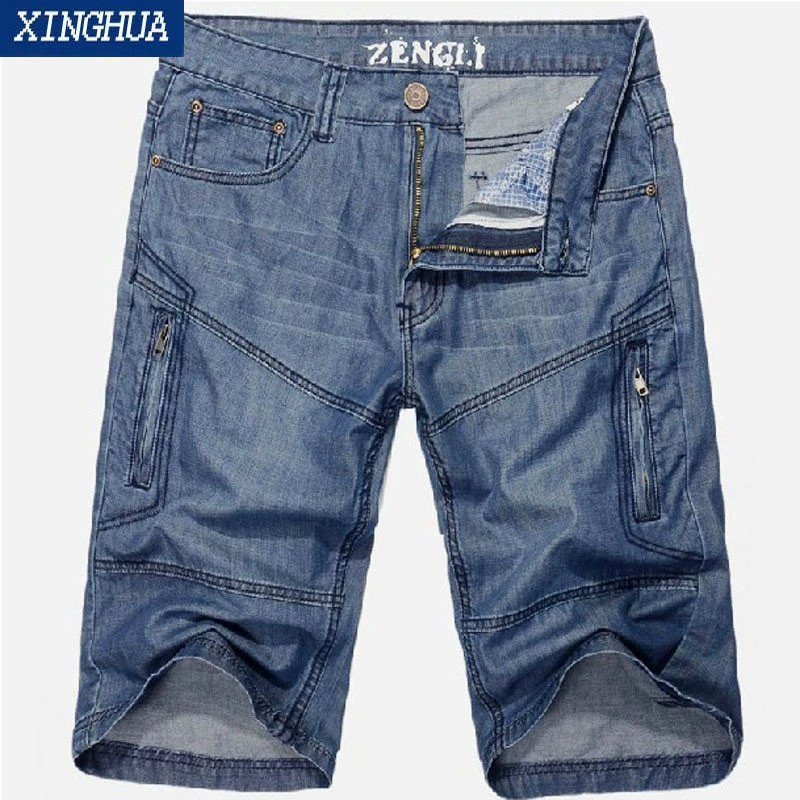 Mùa hè nam siêu mỏng cộng với béo cộng với size quần short denim lỏng quần nam 5 điểm - Quần jean