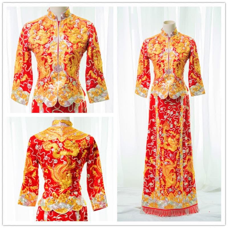 Jinhua luxury handmade gown, handmade embroidery new dragon and phoenix skirt Chinese bride wedding dress traditional dress rental