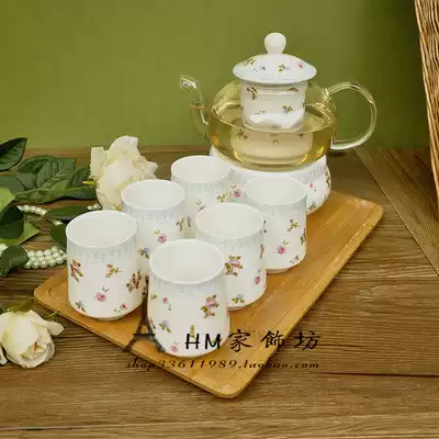 Korean rose garden tea filter tea set glass ceramic with heater set 10 pieces gift box