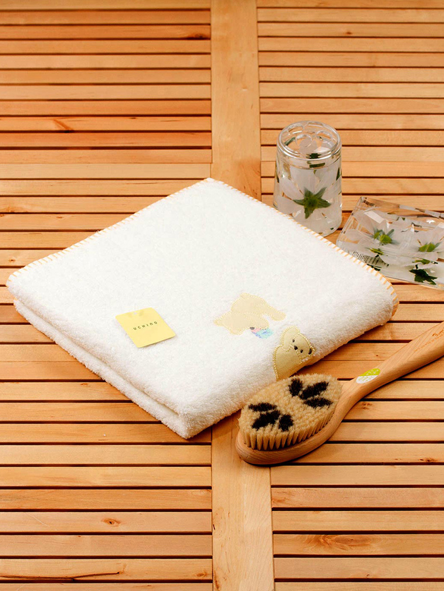 UCHINO|白色贴布熊米白色单条装浴巾