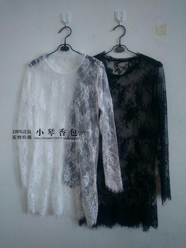 European Style 2015 Autumn and Winter Lace Top, Fully Transparent Base Shirt, Mesh Top, Long Style, Plus Size for Women