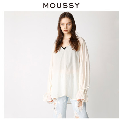 MOUSSY春夏纯色喇叭袖V领宽松休闲T恤上装