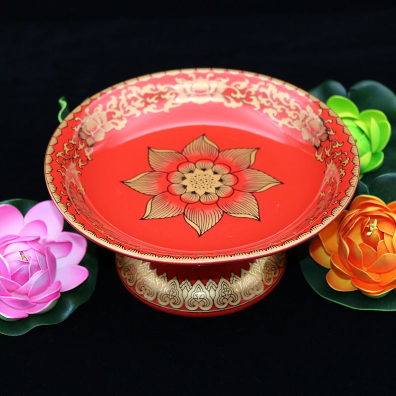 Buddhist Supplies Buddha Hall for a fruit tray for a bowl flag red auspicious lotus ceramic high foot for fruit pan 8 inches