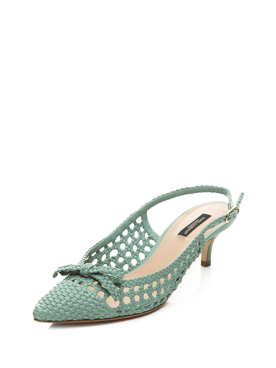 Dolce&Gabbana 草绿色尖头编织面镂空露跟低跟鞋