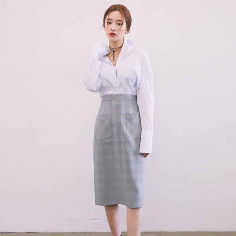 韩国stylenanda官方正品 时尚对称口袋点缀格纹半身裙