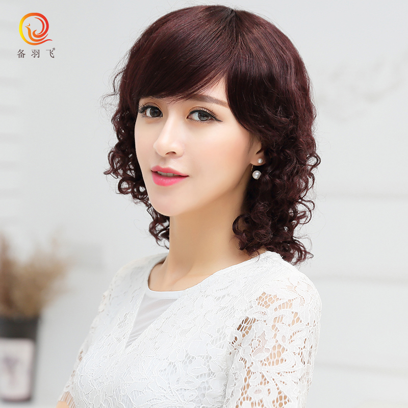 备羽飞 真发假发女 短卷发中发妈妈假发套 时尚中老年整顶假发女