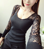 2016 mùa thu mới Hàn Quốc gợi cảm ren khâu áo len openwork mỏng giảm béo trùm đầu chạm đáy áo len mỏng áo len nữ công sở