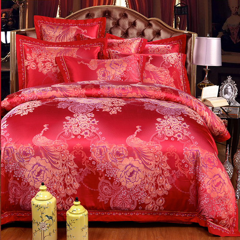 Cotton tribute satin jacquard wedding four-piece set cotton big red wedding 4-piece set 1.5 1.8m 2.0m sheet type