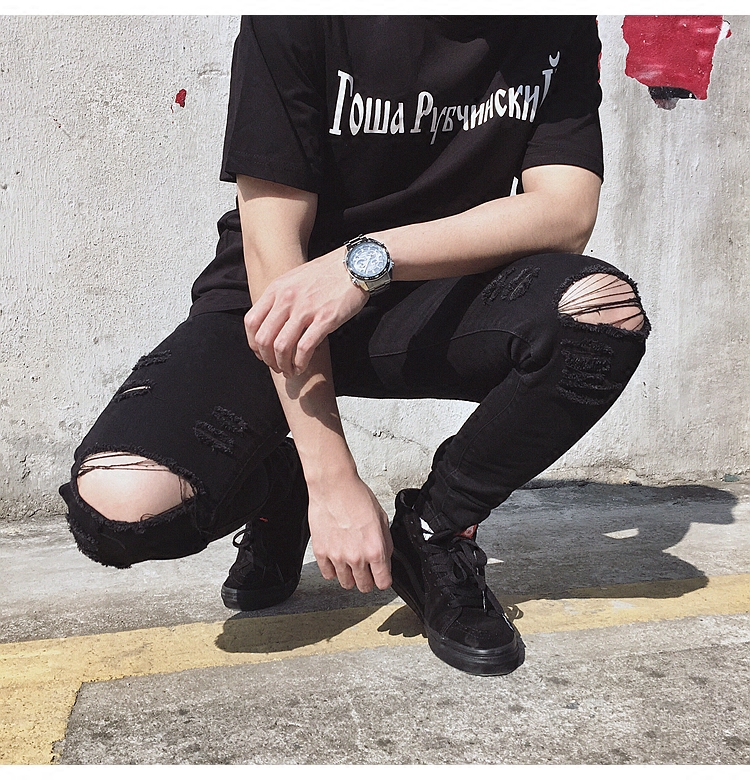 欧美高街刀割破洞个性黑色牛仔裤潮流嘻哈洗水修身休闲长裤男FOG