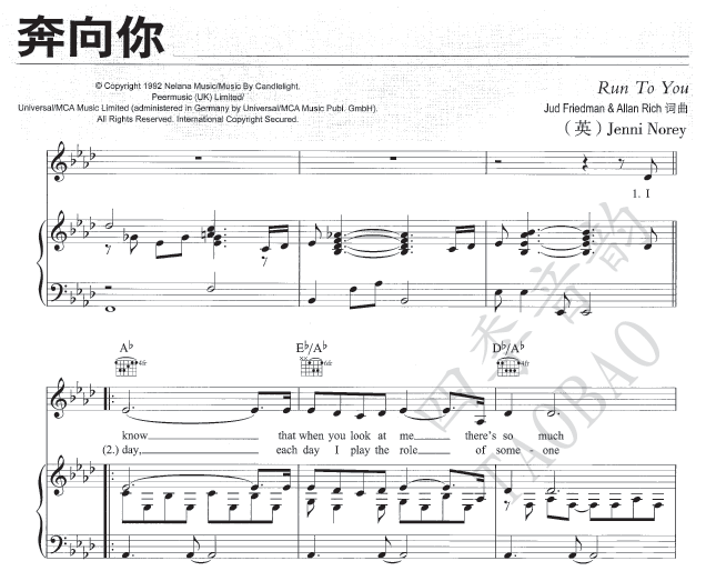 Whitney Houston Whitney Run To You Vocal Score Piano Accompaniment Score