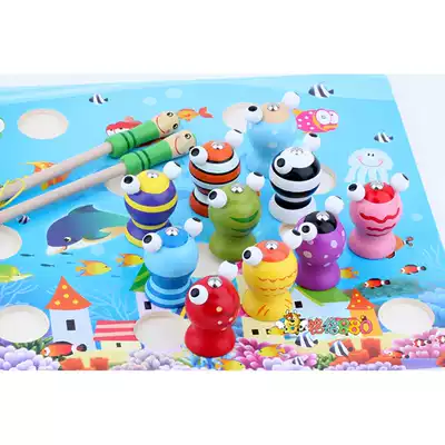 Wooden children's 3D magnetic three-dimensional fishing set large water play 1-2-3 years old baby fishing toy