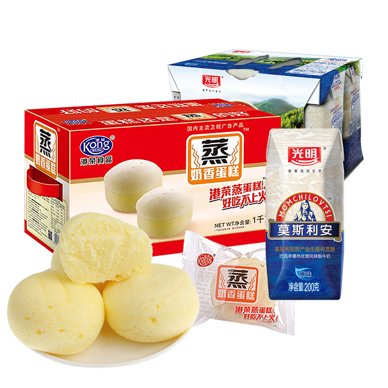 【天猫超市】港荣蒸蛋糕整箱1kg+光明莫斯利 安常温酸奶200g*6盒