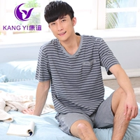 Hồng Kông Kang Yi mùa hè mới đồ ngủ ngắn tay cotton ngắn Quần short nam đồ ngủ mùa hè thiết lập dịch vụ nhà - Bộ Pajama áo kiểu trung niên