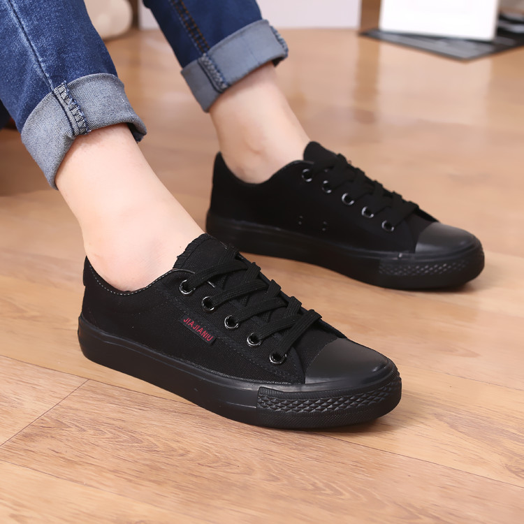 Men's Low-Top All-Black Canvas Shoes, Unisex Student Training Shoes, Pure Black Breathable Work Shoes, Sneakers
