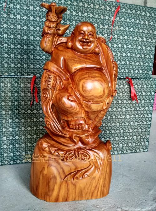 Rosewood carved Maitreya Buddha statue ornaments lucky bag Laughing Buddha Red solid wood living room town house gift craft gift decoration large