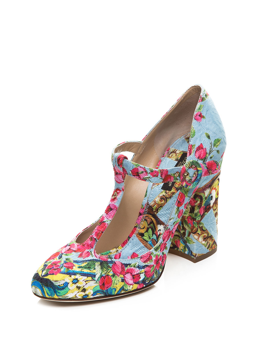 Dolce&Gabbana 蓝底繁复花卉图案粗高跟玛丽珍鞋